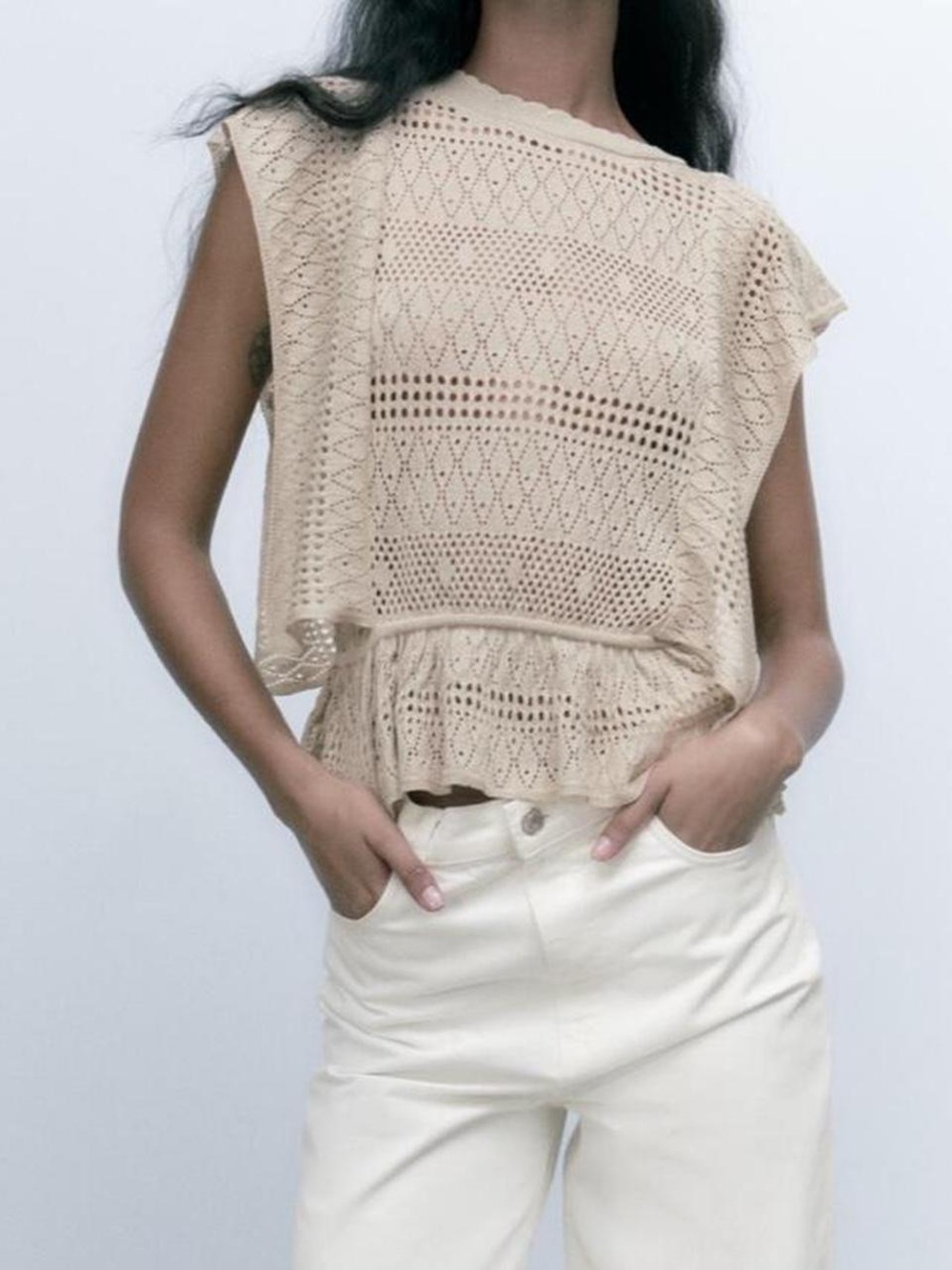 Zara Beige Crochet Knit Sleeveless Top